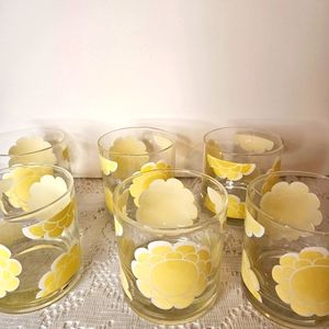 Vintage Retro 60's Colony Glass Tumblers Yellow Flower Power Set Of 6